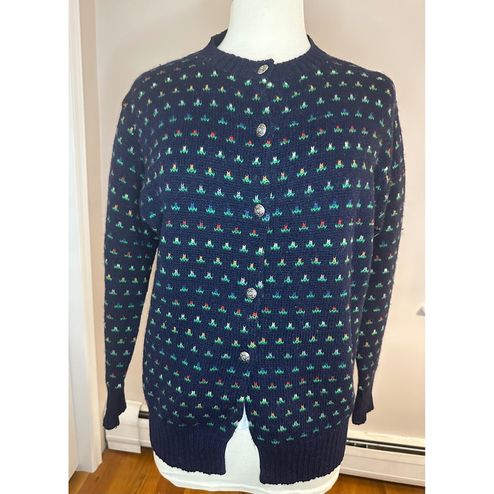 Vintage Woodstock Shetland Wool Cardigan Sweater 38 Floral Grandpa Metal Buttons